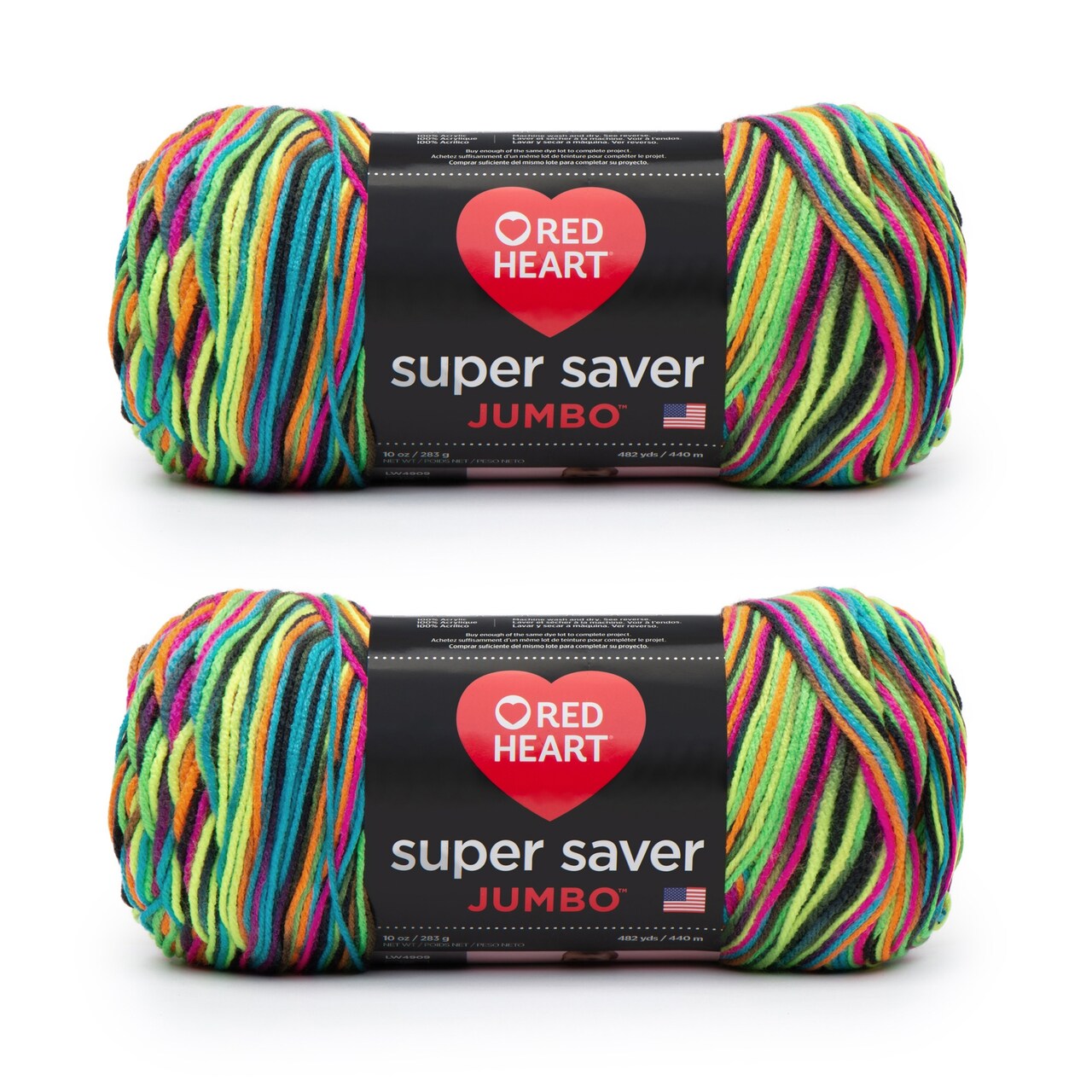 Red Heart Super Saver Jumbo Blacklight Yarn - 2 Pack of 283g/10oz - Acrylic - 4 Medium (Worsted) - 482 Yards - Knitting/Crochet
